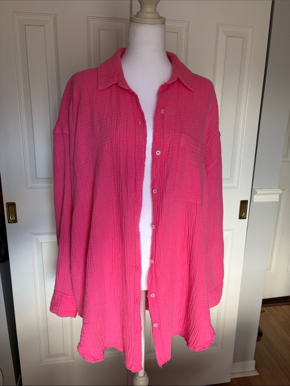 Aerie Oversized Hot Pink Textured Button-Down Shirt